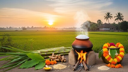 Pongal Pot Cooking Over Fire in Village