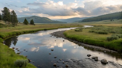mountain landscape with lake and mountains, Serene River Winding Through Open Meadows.