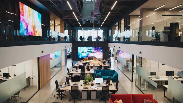 Expansive, modern office interior featuring an open-plan design, collaborative workspaces, and vibrant digital displays for a dynamic business environment