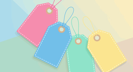 Four colorful blank price tags with strings on a pastel gradient background.