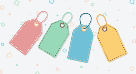 Four colorful blank price tags with strings on a light background with small shapes.