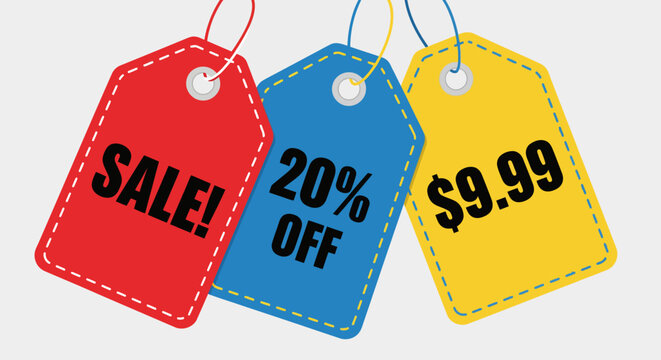 Three colorful sale tags displaying 'SALE!', '20% OFF', and '$9.99' against a plain background.