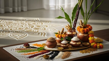 Traditional Pongal Setup With Rangoli, Clay Pots, and Harvest Produce