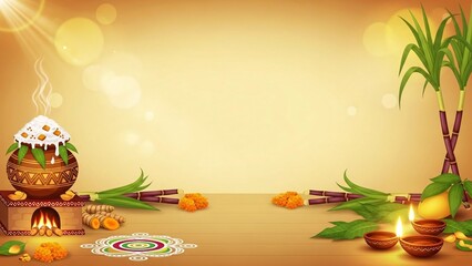 Pongal Festival Background With Clay Pot, Sugarcane, and Decorations