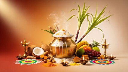 Traditional Pongal Festival Arrangement With Sugarcane and Clay Pot
