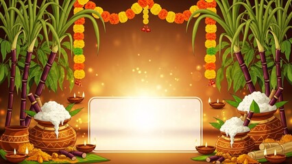Makar Sankranti Harvest Background With Sugarcane, Rice and Traditional Pot