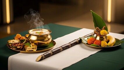South Indian Festival Table Setting with Pongal Pot, Sugarcane and Offerings