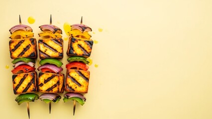 Grilled Paneer Vegetable Skewers on Minimal Yellow Background with Copy Space