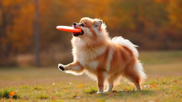 Dog running with frisbee in autumn