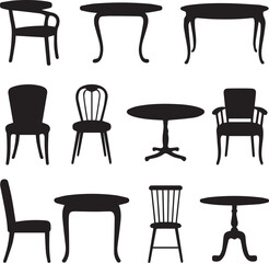 Simple silhouette of a classic table and chair design in grayscale
