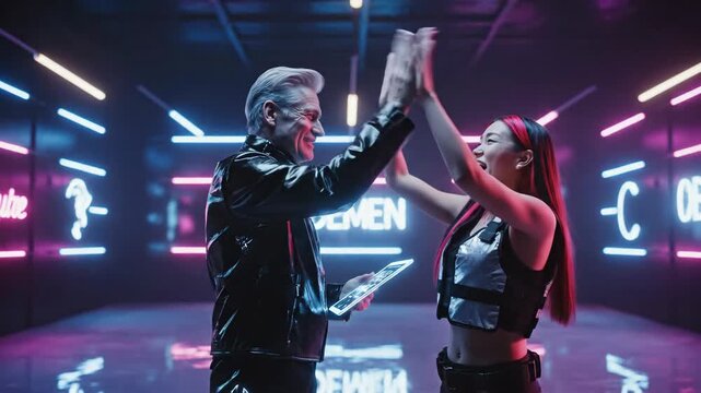 Diverse collaborators celebrate a successful high-five in a vibrant, futuristic neon environment, symbolizing innovation and achievement in the digital age