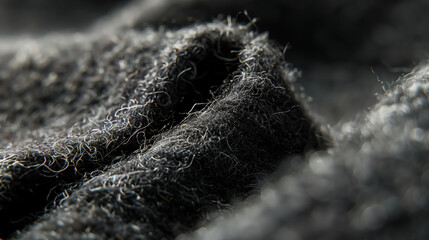 Close up of dark grey wool fabric texture with soft fuzzy fibers for winter clothing backgrounds.

