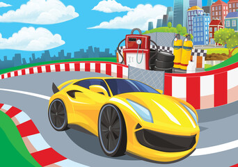 Cartoon scene with racing car on the track sports car near the city illustration for children
