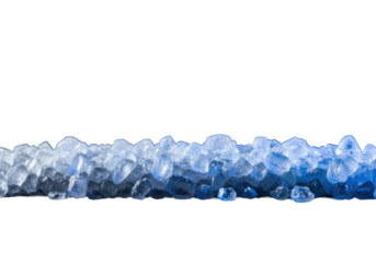 Extreme macro close-up of glittering raw sugar crystals and fine powder border, sharply lit by electric blue lights on a dark, reflective surface, concept for premium ingredient purity