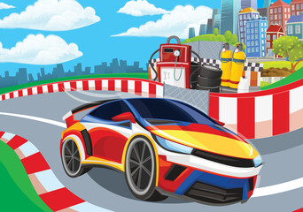 Cartoon scene with racing car on the track sports car near the city illustration for children
