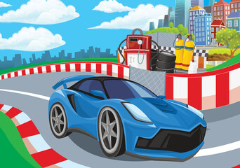 Cartoon scene with racing car on the track sports car near the city illustration for children