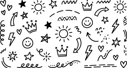Playful Doodle Elements: A collection of charming, hand-drawn illustrations bursts with creativity, featuring radiant suns, twinkling stars, graceful crowns, joyous smiles.