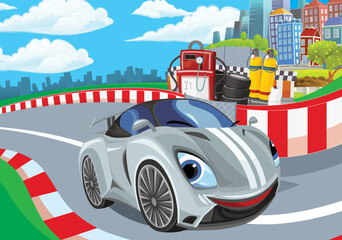 Cartoon scene with racing car on the track sports car near the city illustration for children