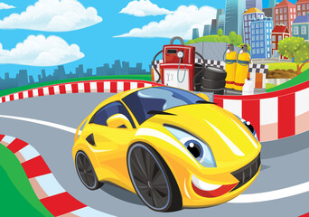 Cartoon scene with racing car on the track sports car near the city illustration for children