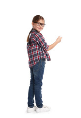 Fototapeta premium Child drawing something with chalk on white background