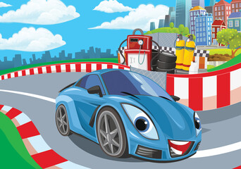 Cartoon scene with racing car on the track sports car near the city illustration for children