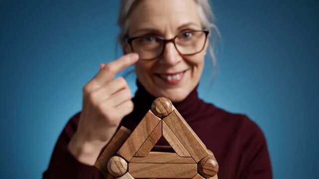 Portrait of an intelligent mature woman in glasses with a wooden brain teaser, thinking about a creative business strategy