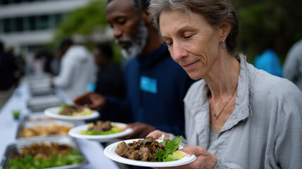 Naklejka premium A woman thoughtfully inspects her dish of flavorful meat and greens at a community gathering, embodying the essence of connection through food.