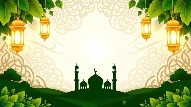 A serene Islamic background with a mosque silhouette, golden lanterns, green leaves, and traditional patterns, suitable for Ramadan or Eid.