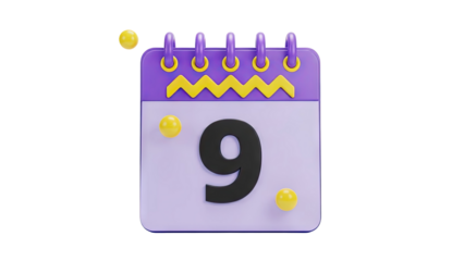 3D calendar icon with number 9 and yellow balls on transparent background