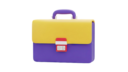 3D Cartoon Briefcase with Purple and Yellow Colors on transparent background