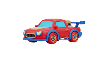 3D Cartoon Red Sports Car with Spoiler and Exhaust Pipes on transparent background