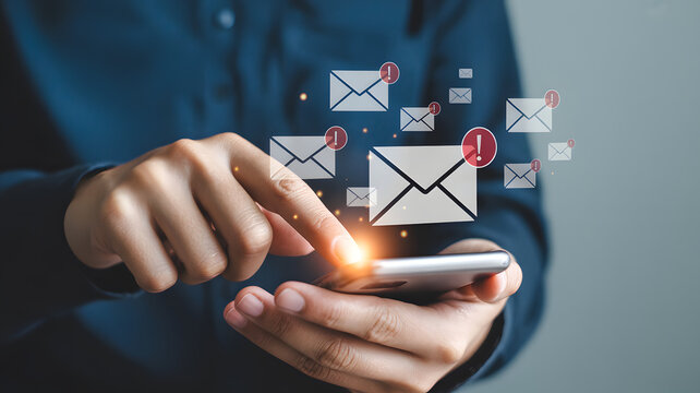 Man using smartphone to check email notifications with glowing digital icons of envelopes. - Powered by Adobe