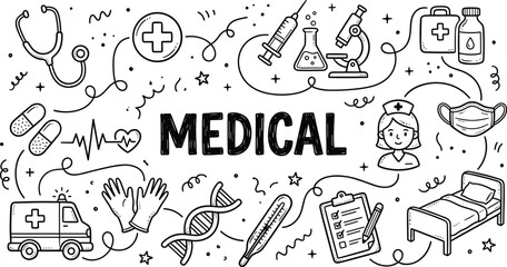Hand drawn medical doodle illustration isolated on white background, healthcare icons tools symbols and typography for hospital education and wellness design © World_Of_Vector