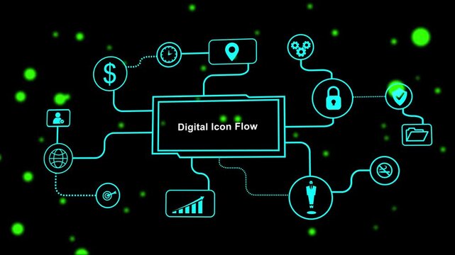 Digital Icon Flow Chart with Network Connections and Abstract Bokeh Lights image photo.