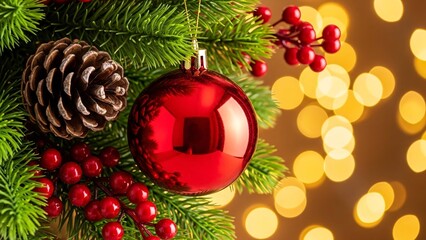 Festive Christmas decoration with red bauble pine cone and berries on green pine branches illuminated by warm golden lights perfect for holiday celebrations and seasonal greetings