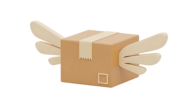 3D Flying delivery box with wings on transparent background - Powered by Adobe