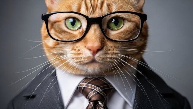 Cute orange tabby cat dressed in formal business attire wearing glasses and a tie looking professional and adorable for corporate or office themed projects - Powered by Adobe