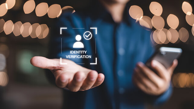 Person extending hand with glowing identity verification icon and checkmark, confirming personal data.