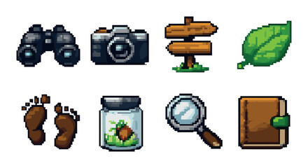 Pixel art adventure icons: binoculars, camera, signpost, leaf, footprints, jar, magnifying glass, book