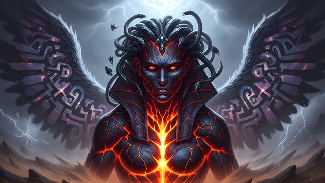 Mythical Fiery Creature with Majestic Wings and Glowing Core