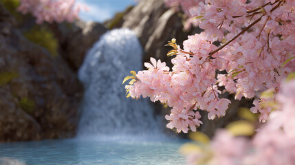Cherry blossoms bloom near a waterfall with tranquil water.