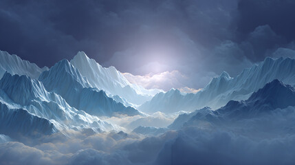 Majestic mountain range piercing through the clouds,bathed in light.