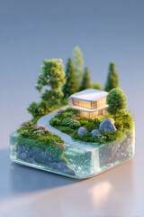 Miniature modern house surrounded by lush greenery and water.