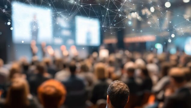 Engaged Audience at Tech Conference with Abstract Digital Network Overlay. - Powered by Adobe