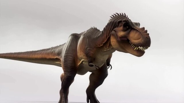 Ultra-Realistic Photorealistic Tyrannosaurus Rex Cinematic Studio Video on Pure White Background with Aggressive Stance, Detailed Scales, Open Jaw, Sharp Teeth, and Natural Breathing Motion