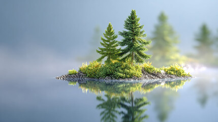 Miniature island with trees reflecting in a tranquil lake.