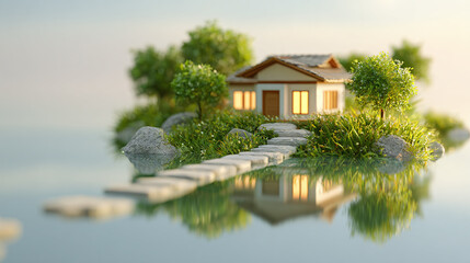 A miniature house on a floating island surrounded by water.