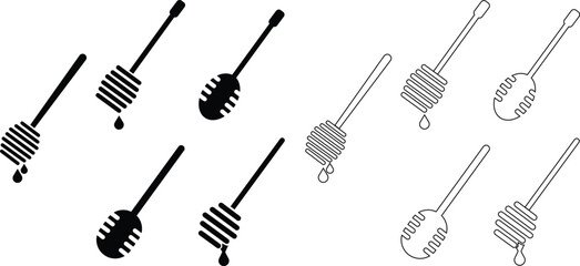 Honey dipper stick flat, outline icon set. Wooden honey spoon dripping symbols, sweet syrup nectar tool, vectors illustration for food kitchen designs. Modern skincare and beauty treatment honey comb. © Mr 360 graphic
