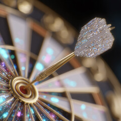 A golden dart hits the bullseye on a dazzling dartboard.