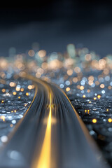 A winding road illuminated with vibrant city lights in the distance.
